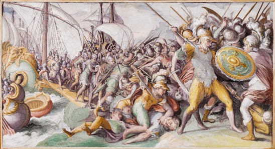 Cesare Nebbia, Sbarco nel Lazio dei tre fratelli greci Catillo, Corace e Tiburto e battaglia contro i Latini, Villa d’Este, 1569 
