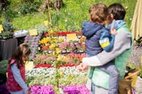 Una mamma con in braccio un bambino e l'altra figlia davanti a uno degli stand di Herbarium di fiori colorati